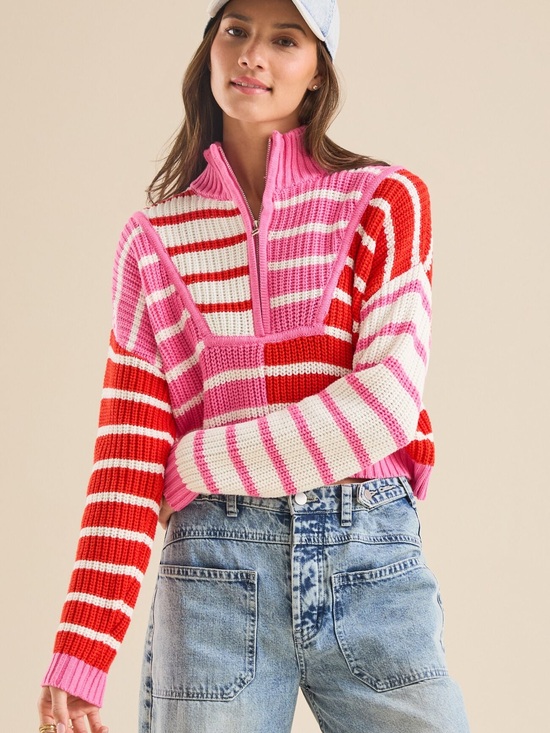 Altar'd State Sweaters - Altar’d State Pink Red Striped Quarter Zip Sweater M Cropped Colorblock Knit
